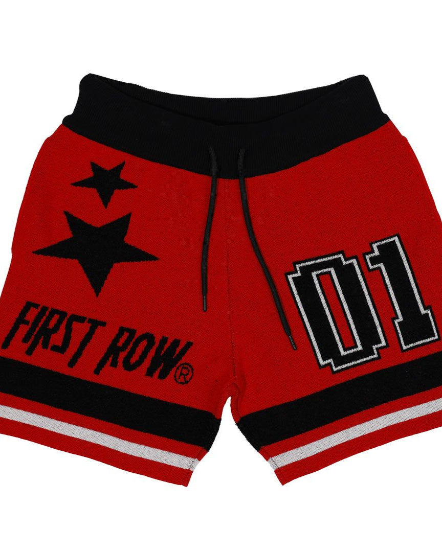 first row star varsity jacquard knit shorts in red 