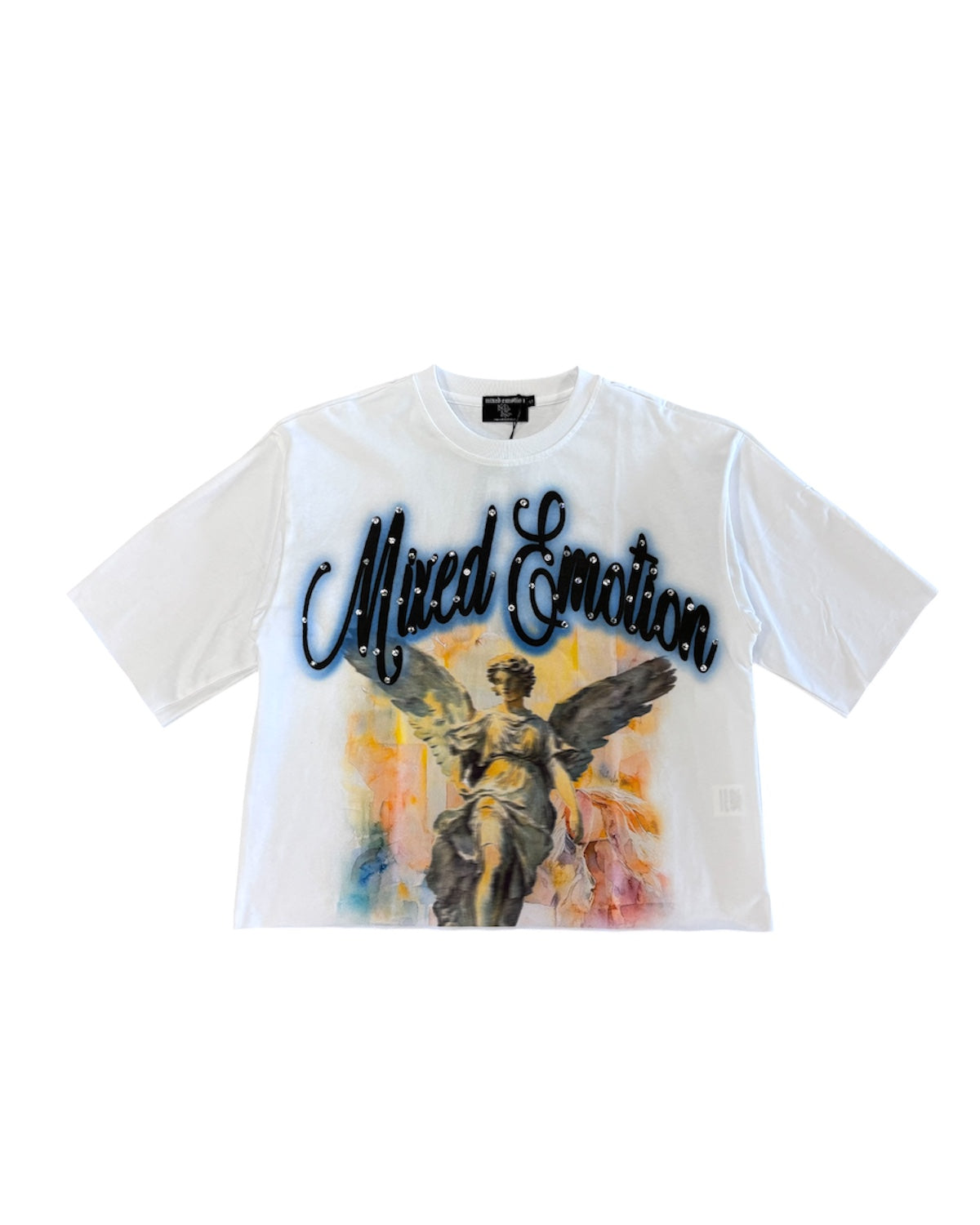 White t-shirt with 'Mixed Emotion' graphic design on a white background