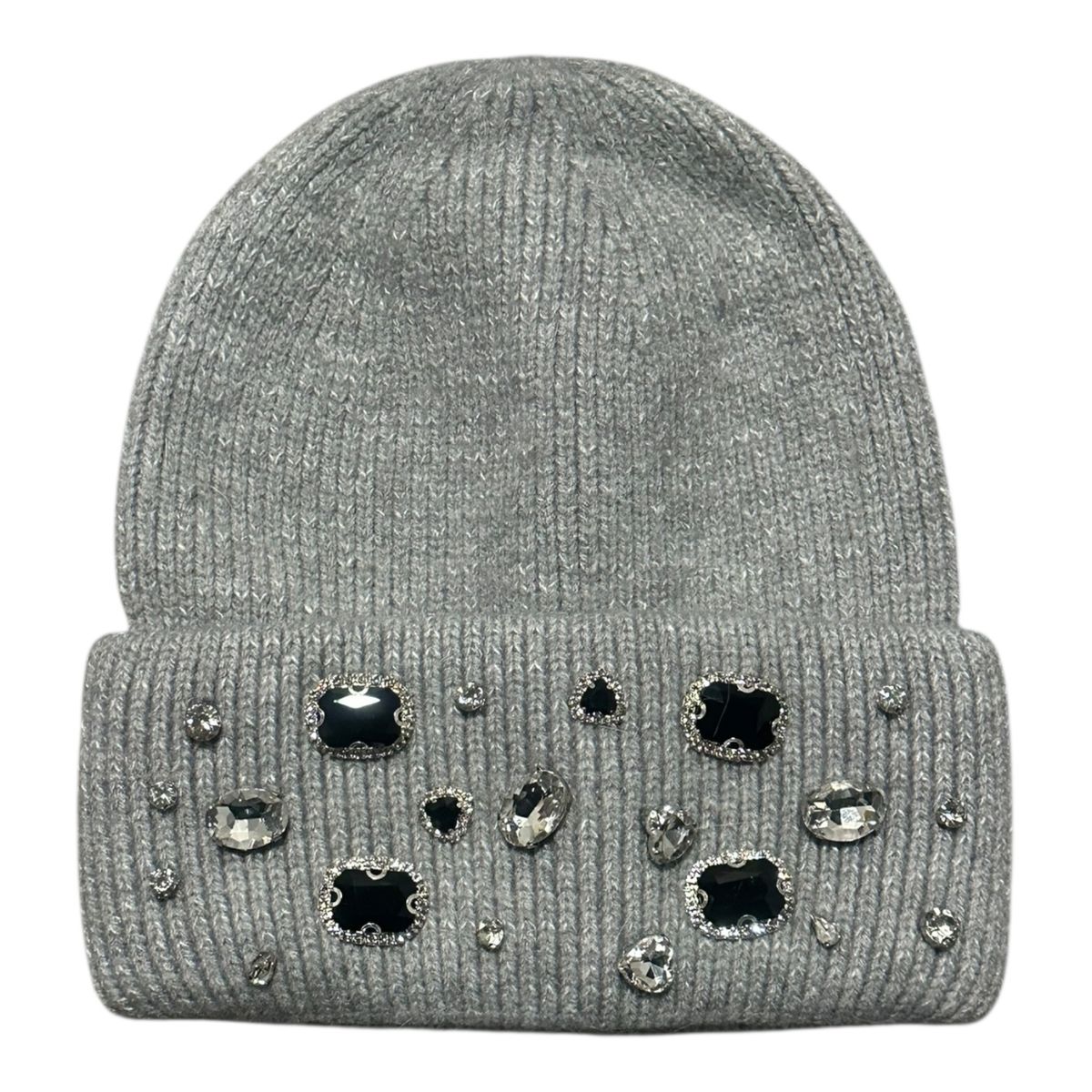 Gray beanie with decorative gems on a white background