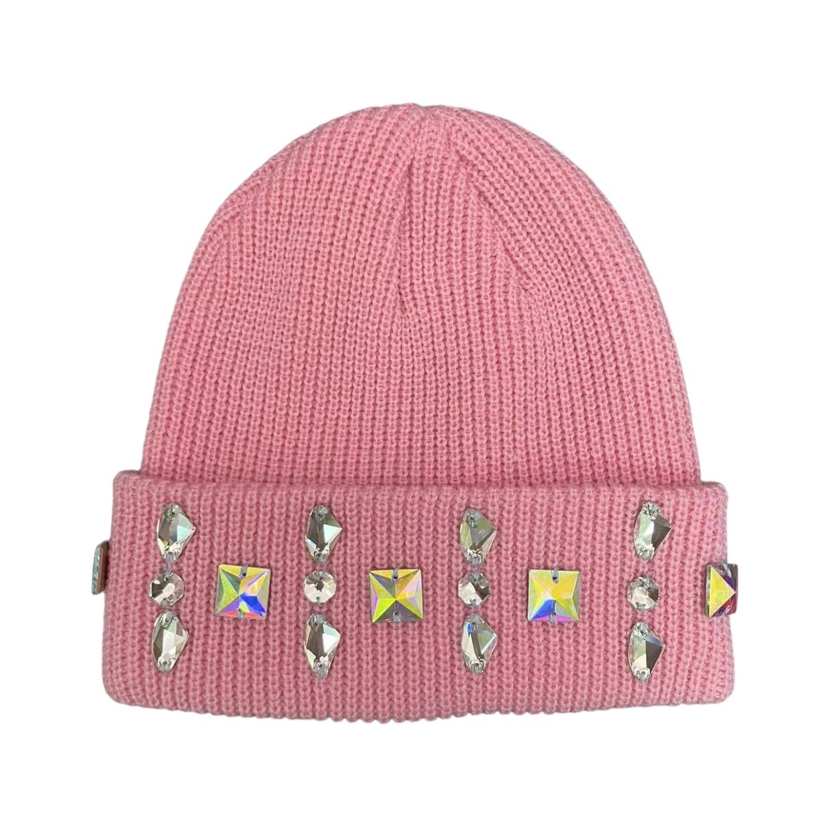 Pink beanie with decorative studs on a white background
