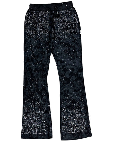 Black flared pants with rhinestone embellishments on a white background
