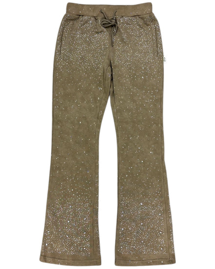 Khaki pants with glittery star pattern on a white background