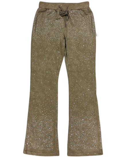 Khaki pants with glittery star pattern on a white background
