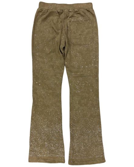 khaki pants with small white speckles on a white background