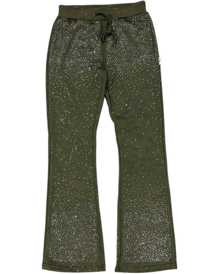 Green pants with glittery speckles on a white background