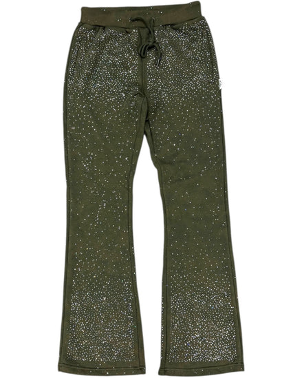 Green pants with glittery speckles on a white background