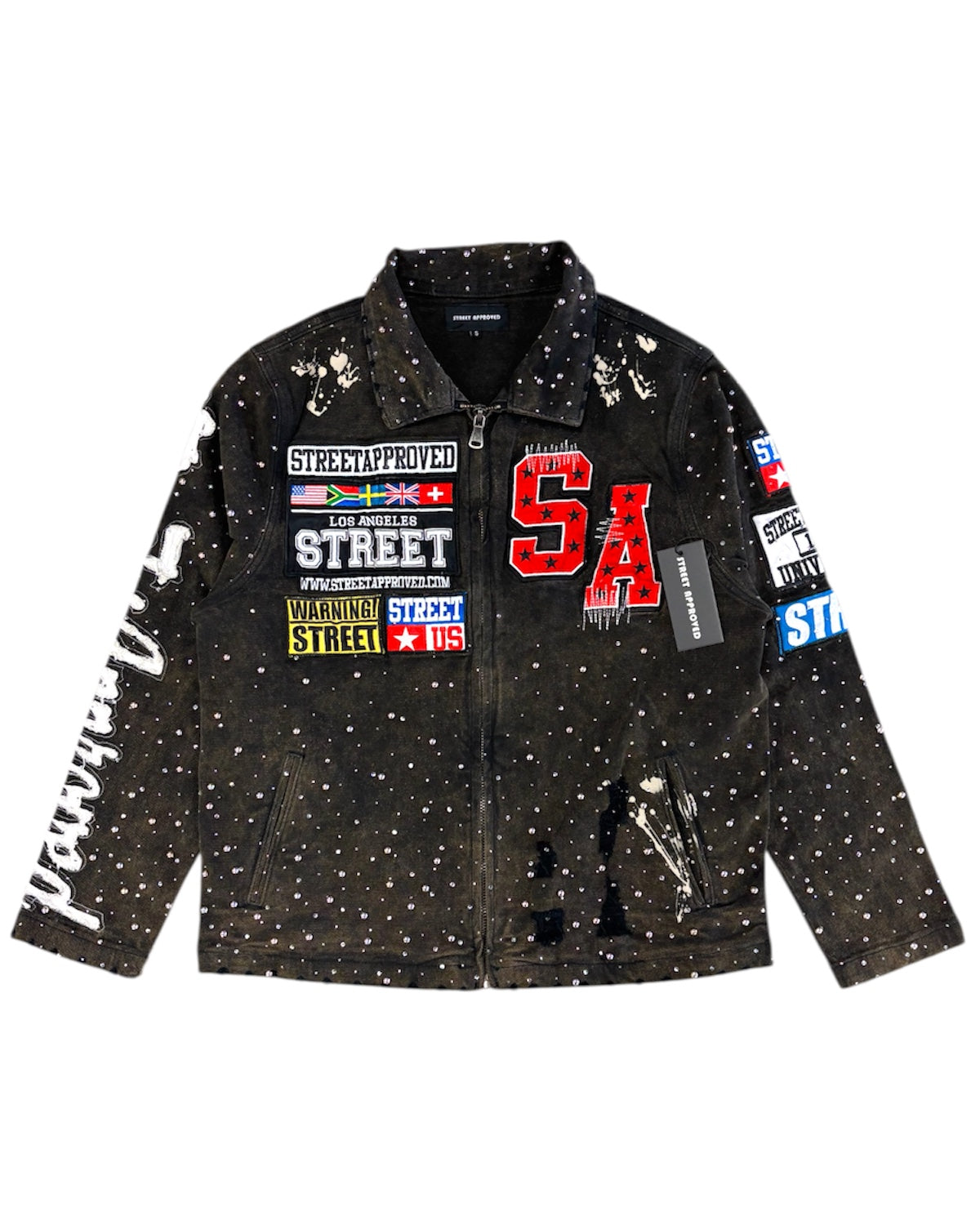 Black jacket with colorful patches and text on a white background
