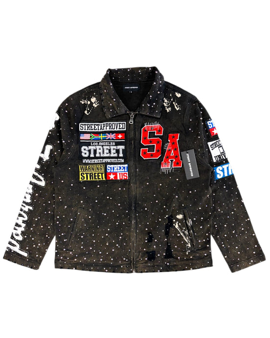 Black jacket with colorful patches and text on a white background