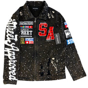 Black jacket with colorful patches and text on a white background