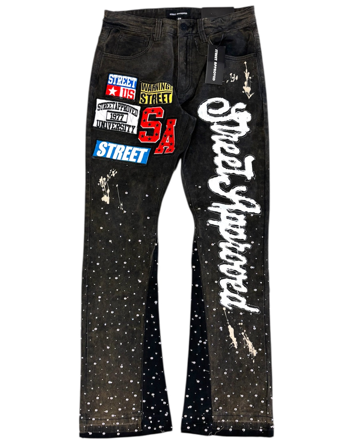 Black jeans with white text and graphics on a white background