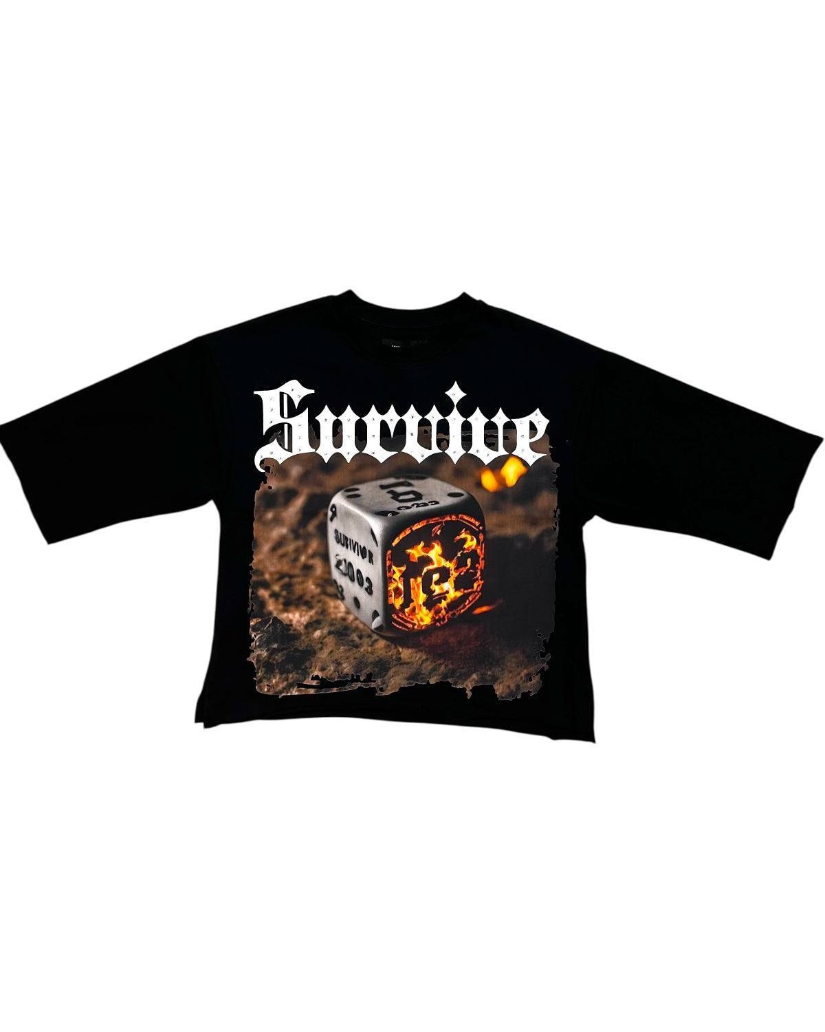 Black t-shirt with a graphic design featuring a dice cube with flames and the word 'Survive'.