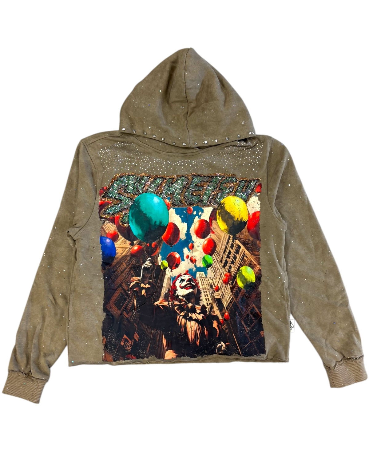 khaki hoodie with a colorful graphic design on a white background