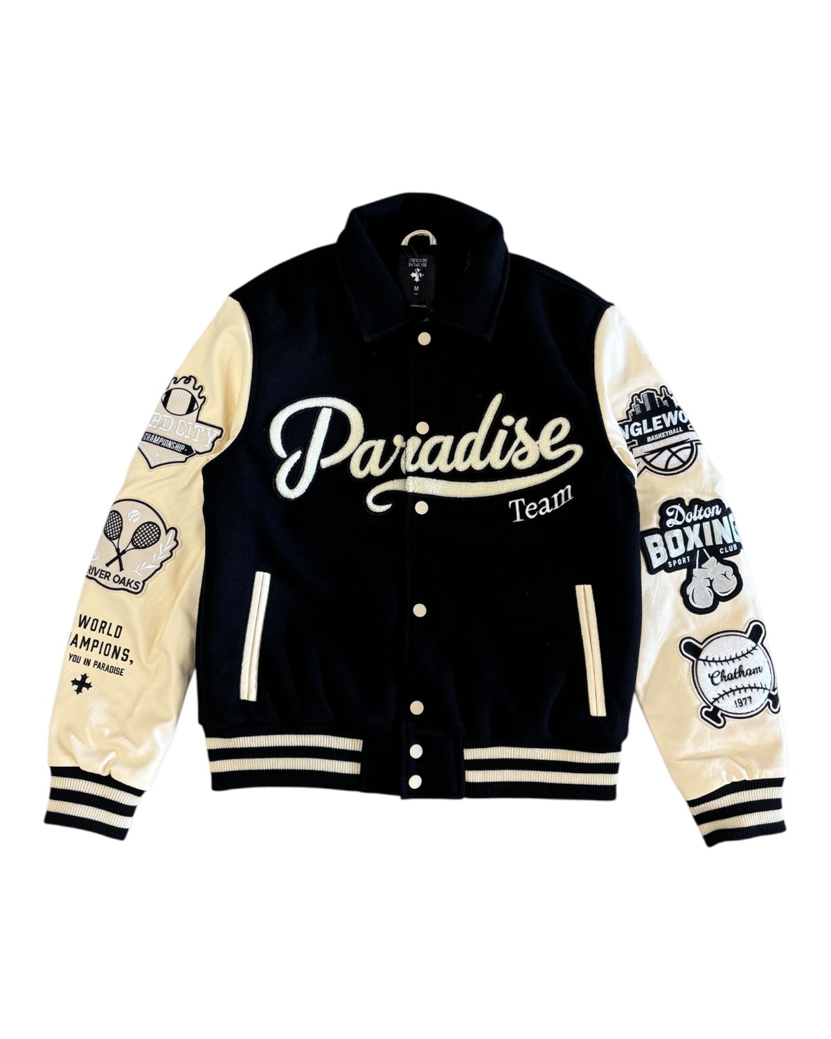 Black and beige varsity jacket with 'Paradise Team' text and logos on a white background