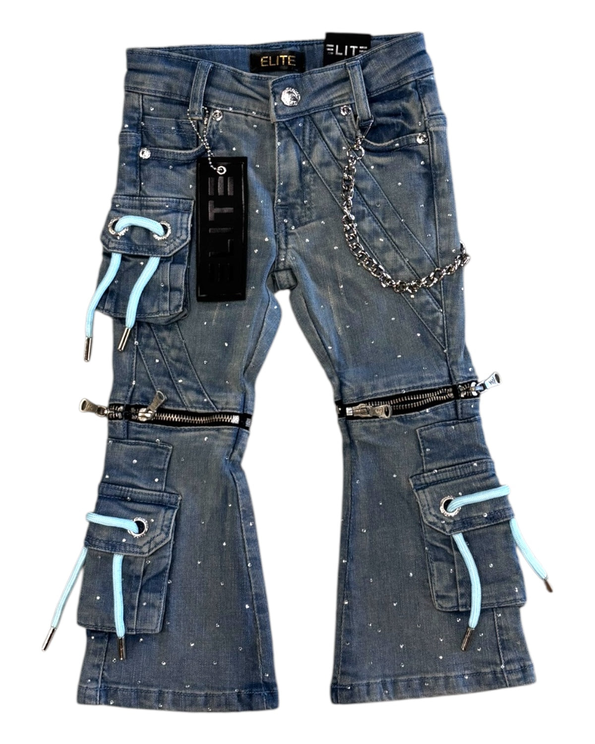 Blue jeans with unique designs and chains on a white background