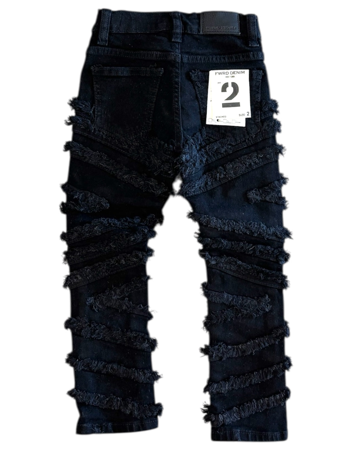Black distressed jeans with a size tag on a white background