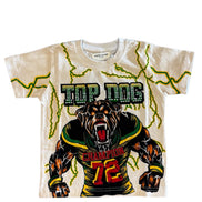 T-shirt with a bulldog graphic and 'Top Dog' text on a white background