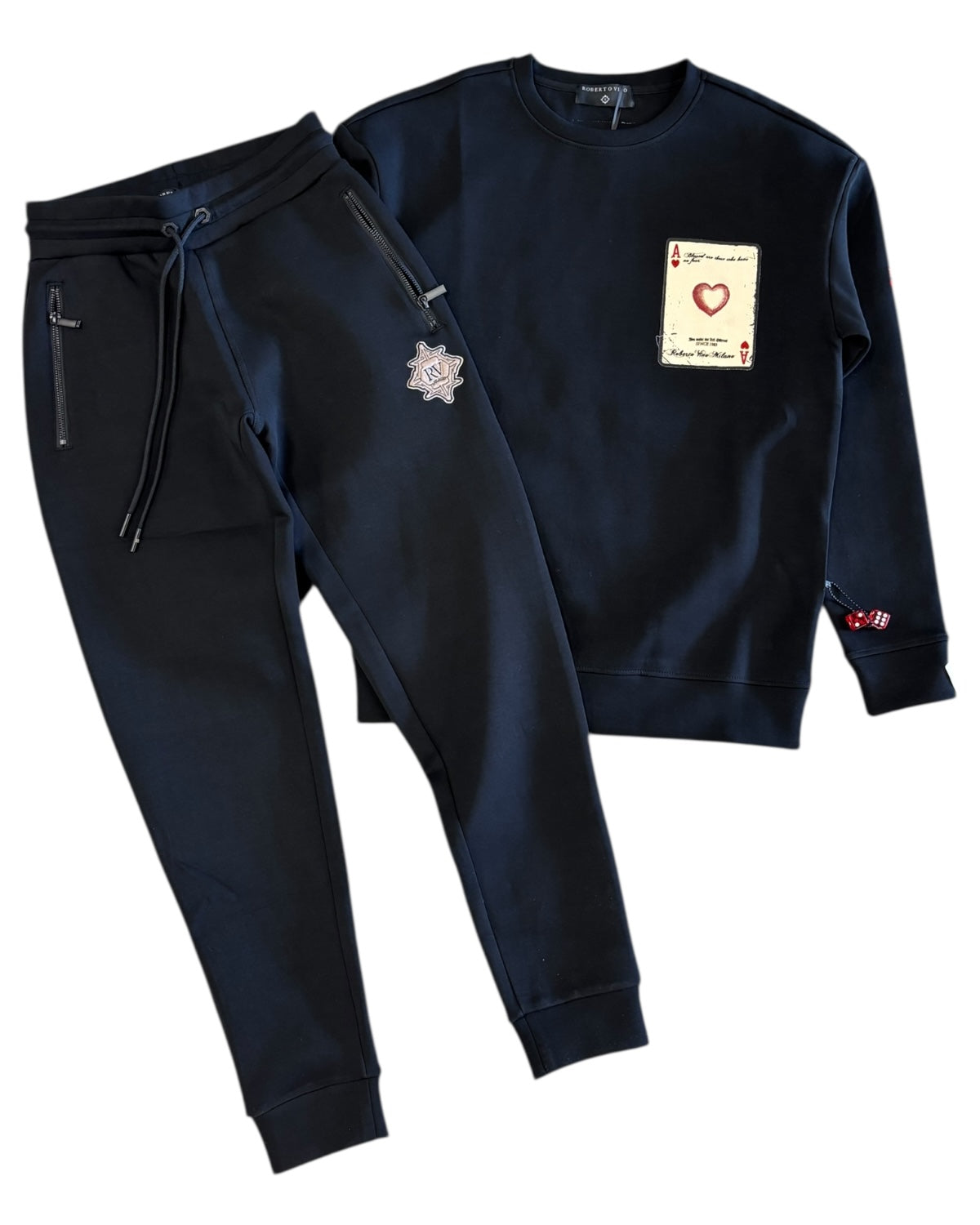 black sweatshirt and jogger pants set on a white background