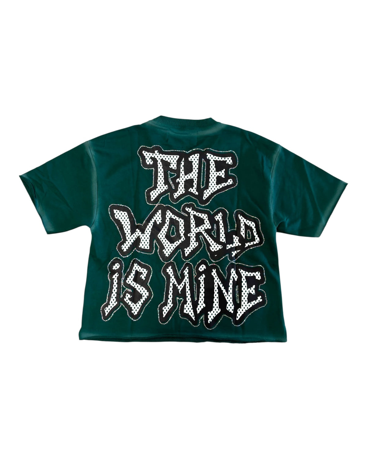 Green t-shirt with 'The World is Mine' text on the back against a white background