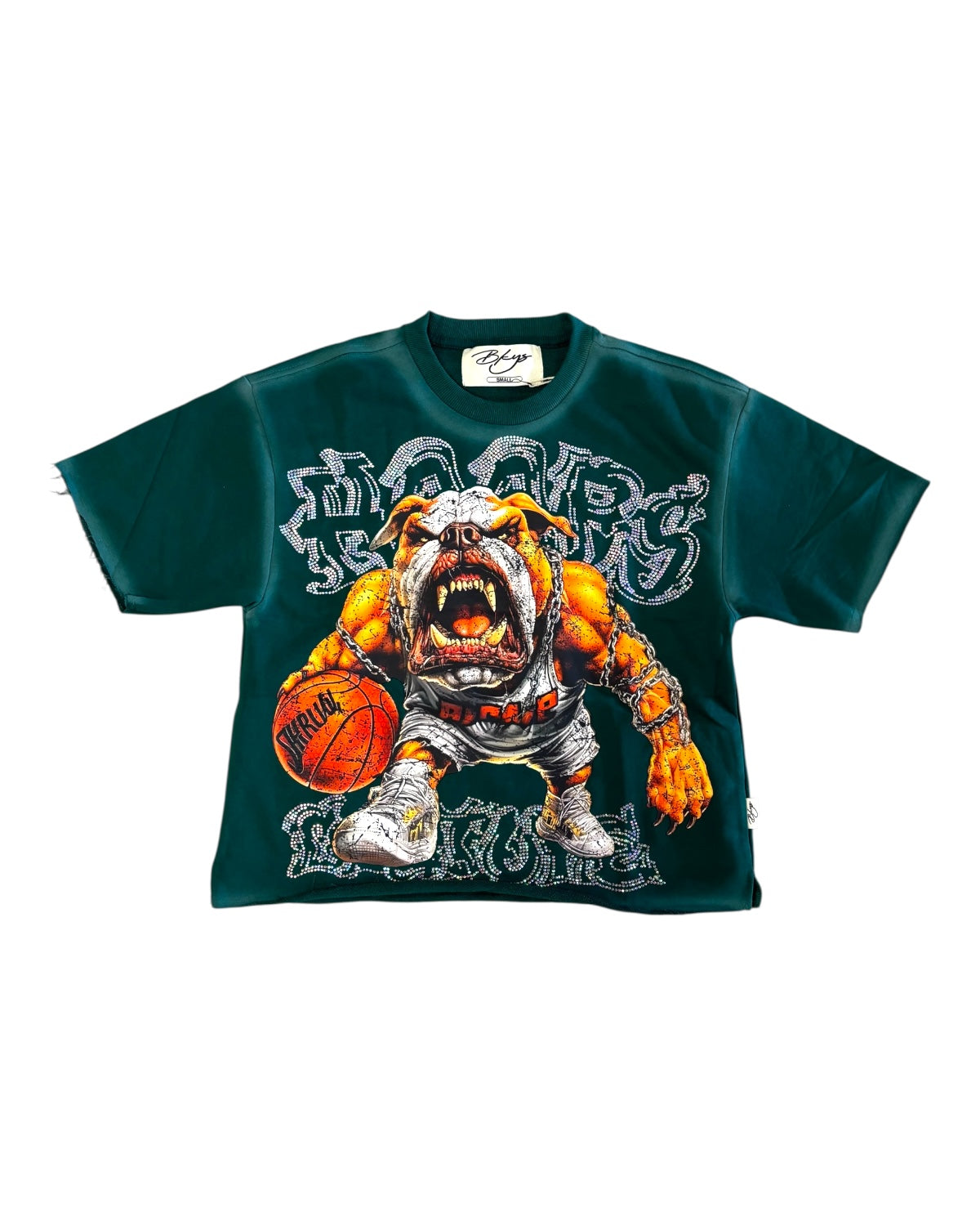 Green t-shirt with a graphic of a bulldog holding a basketball on a white background