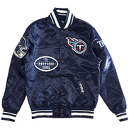 Navy blue jacket with sports team logos on a white background