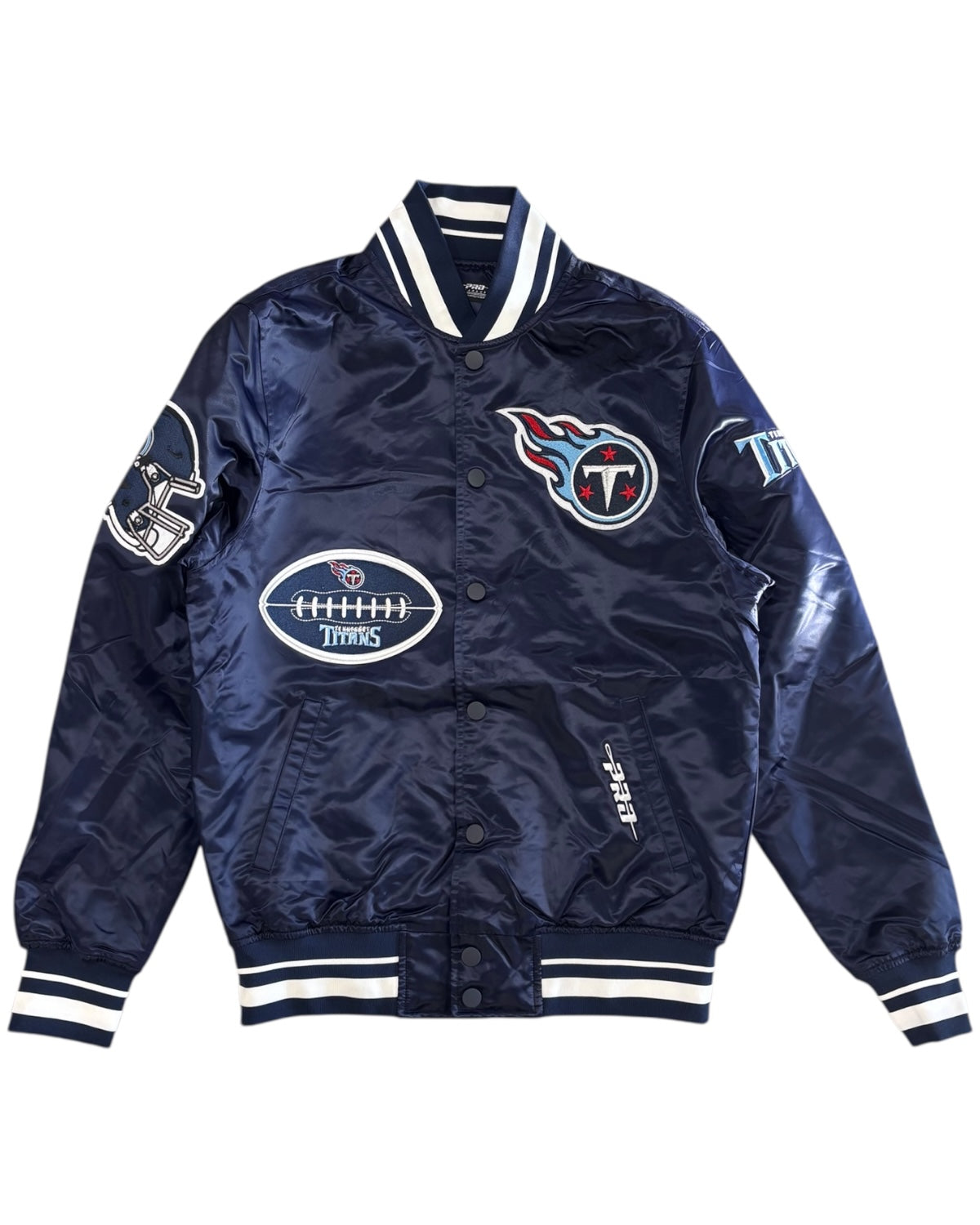 Navy blue jacket with sports team logos on a white background