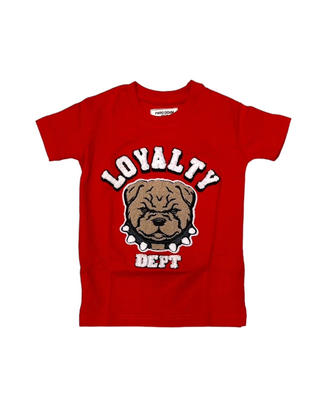 Red Loyalty Tee with chenille patch of a bulldog in toddler sizing.