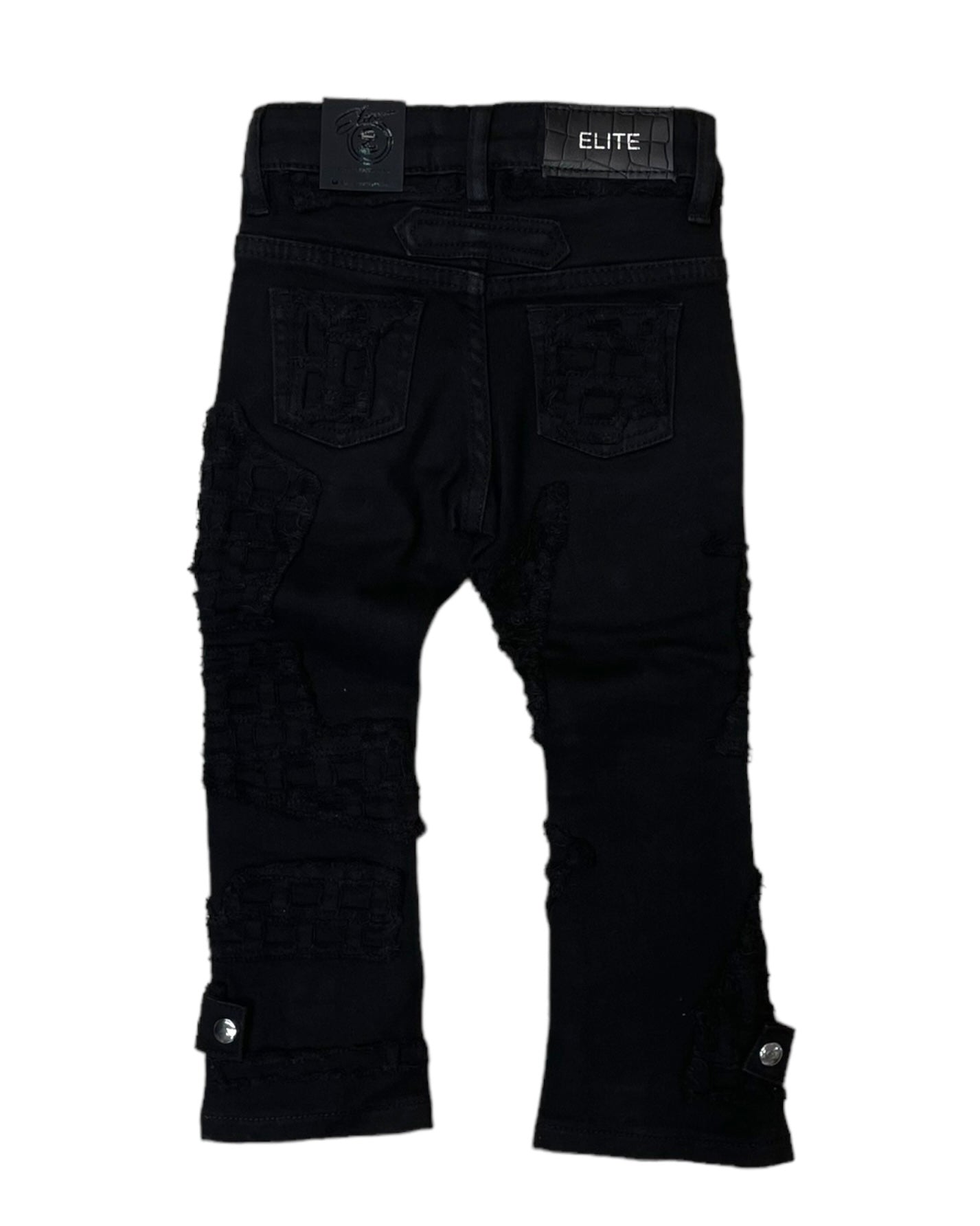 jet black toddler sized cargo flare stacked jeans