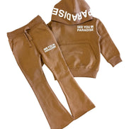 Brown hoodie and pants set with 'See You in Paradise' text on a white background