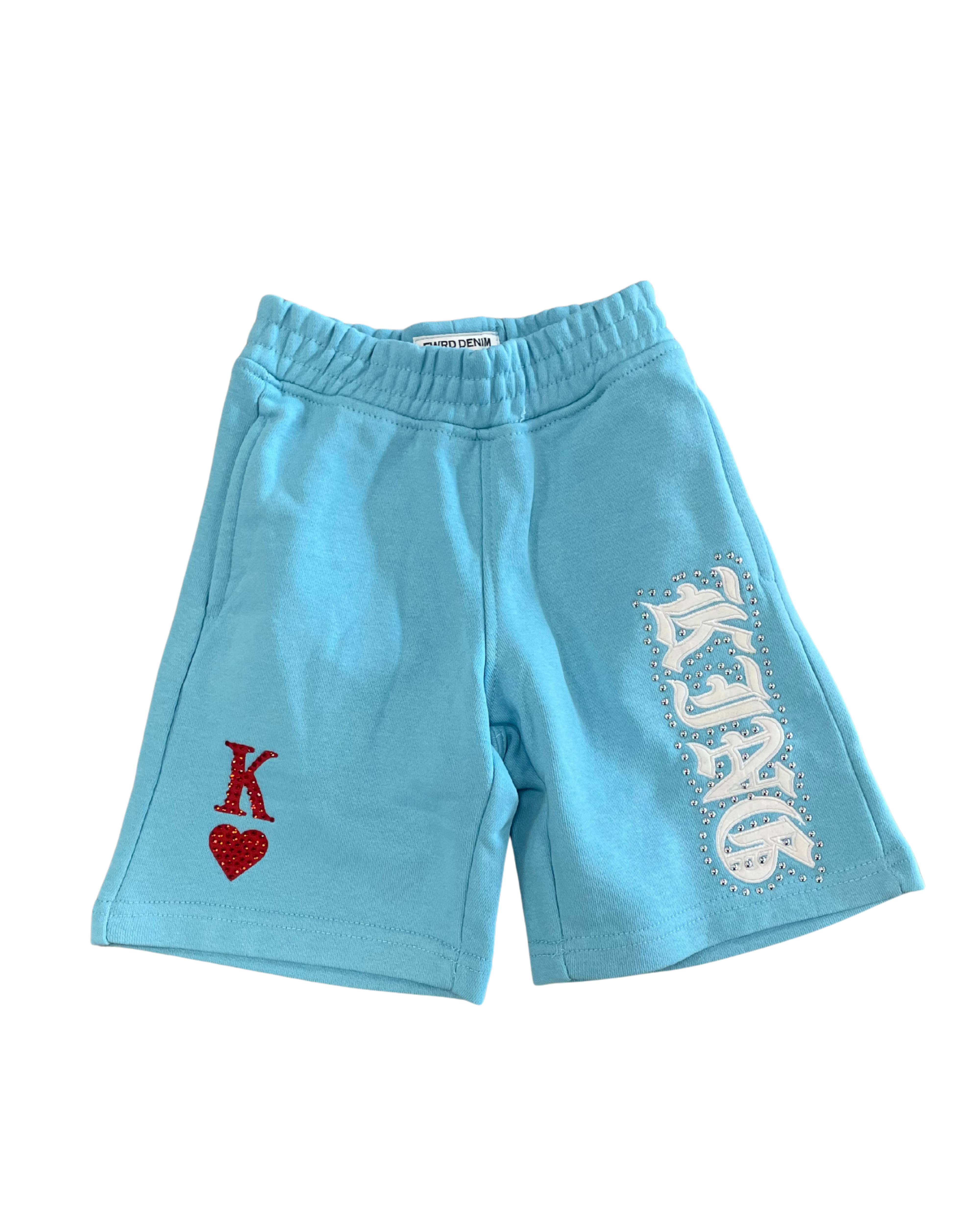Light blue shorts with red heart and white text on a white background