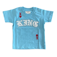 Light blue t-shirt with 'King' text and symbols on a white background