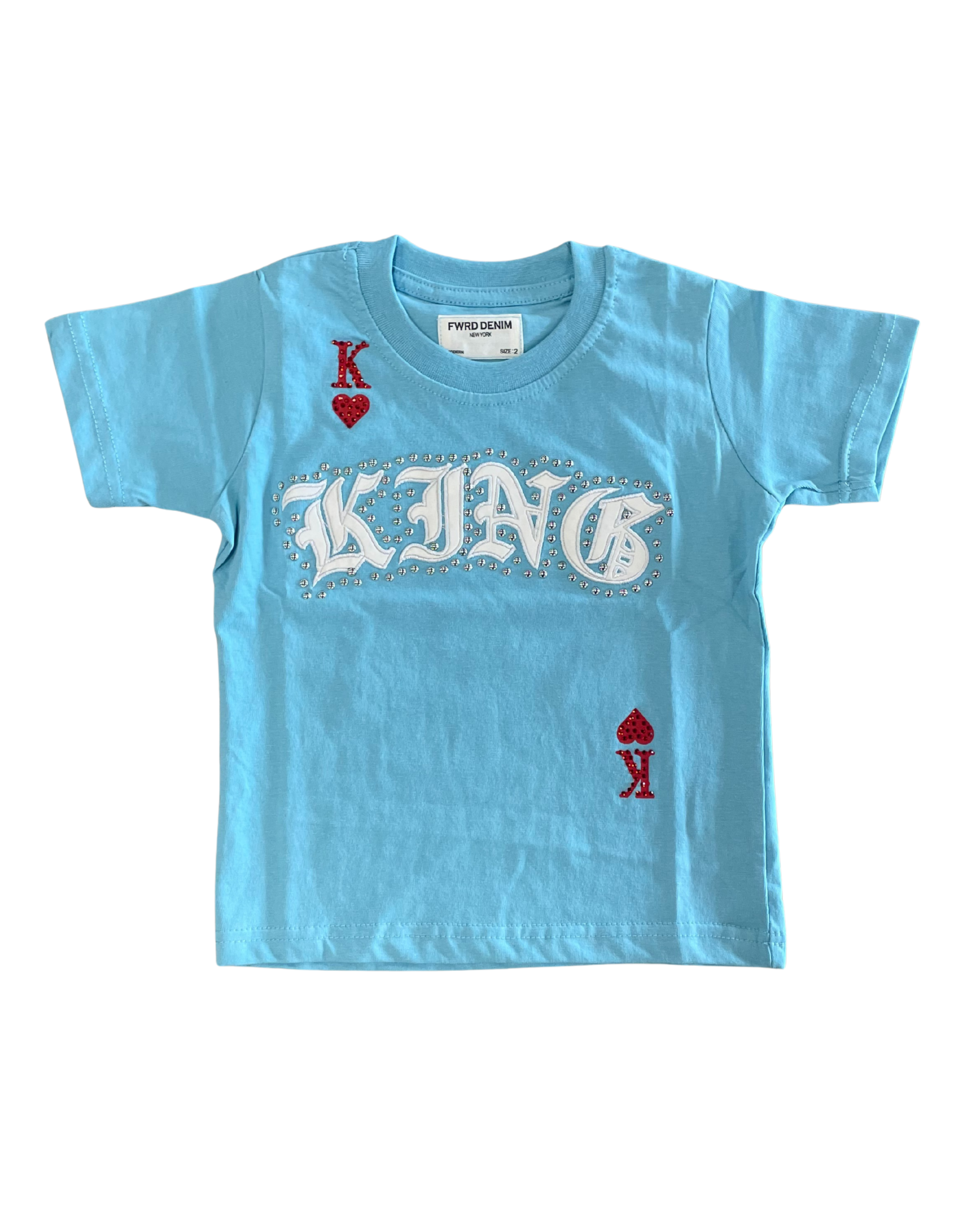 Light blue t-shirt with 'King' text and symbols on a white background