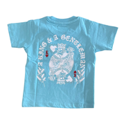 Light blue t-shirt with white graphic design on a white background