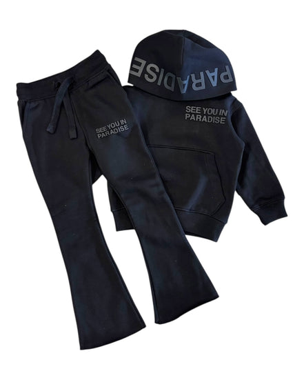Black hoodie and pants set with 'See You in Paradise' text on a white background