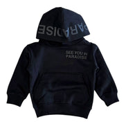 Black hoodie with text on the back on a white background