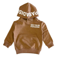 Brown hoodie with text on a white background