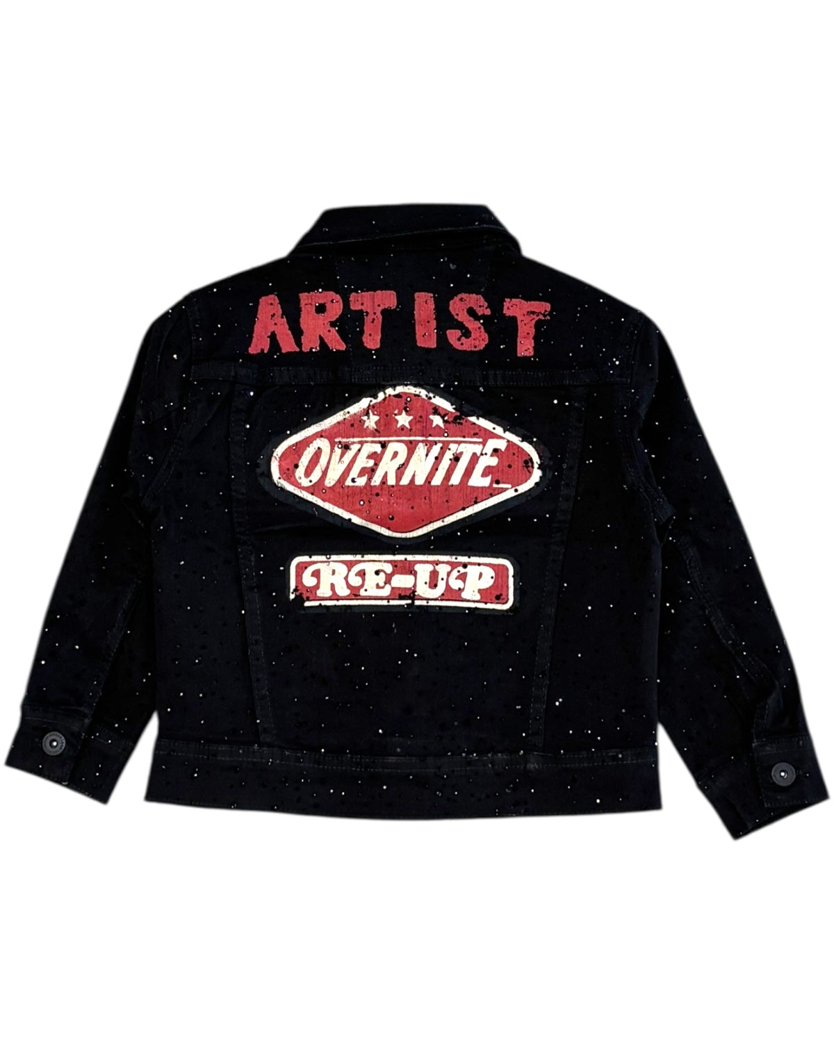 Black jacket with red and white text and logos on a white background