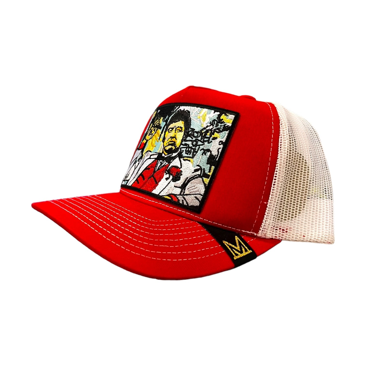 red and white tony montana trucker hat