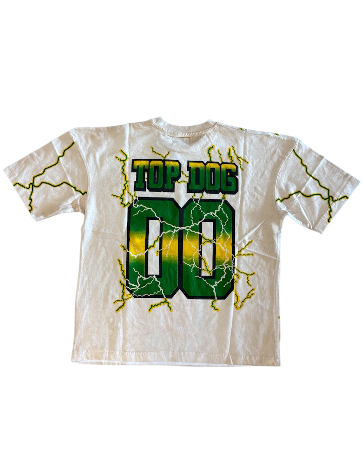 White t-shirt with 'Top Dog 80' graphic design on a white background