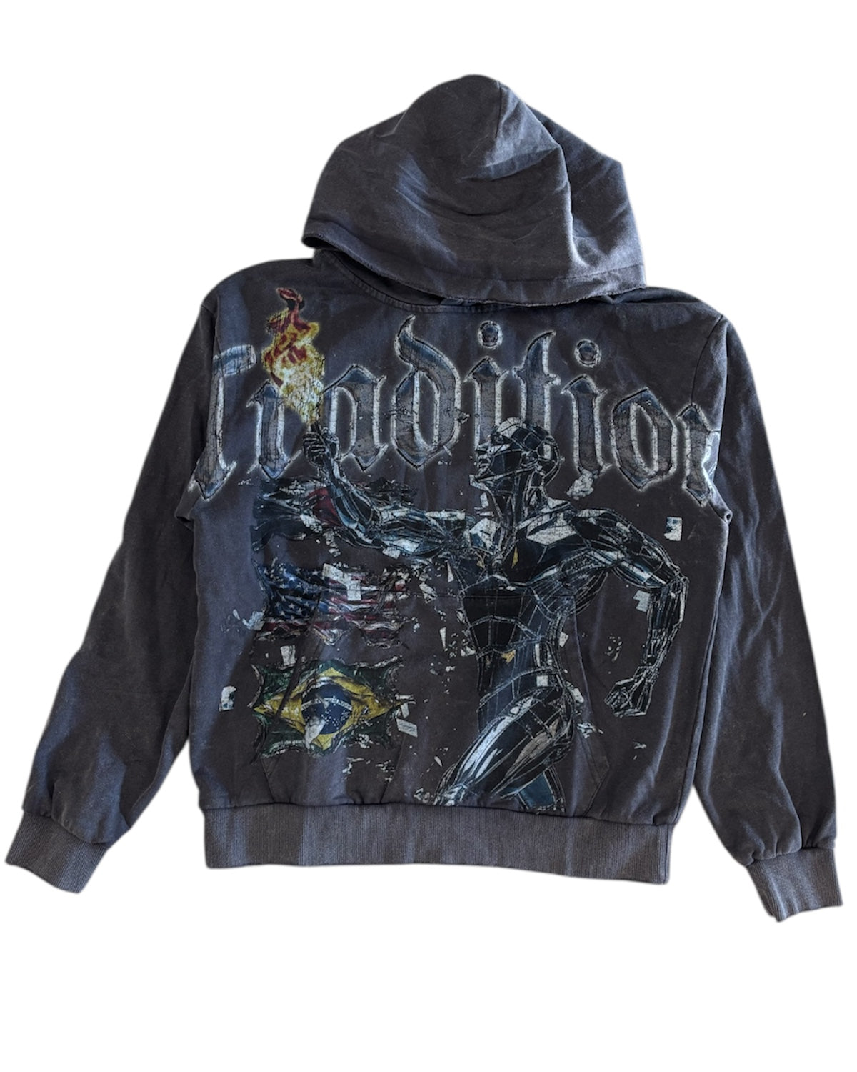 Hoodie with graphic design and text on the back against a white background