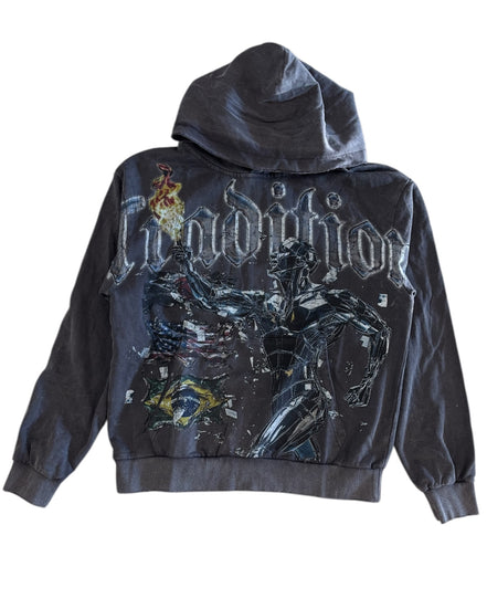 Hoodie with graphic design and text on the back against a white background