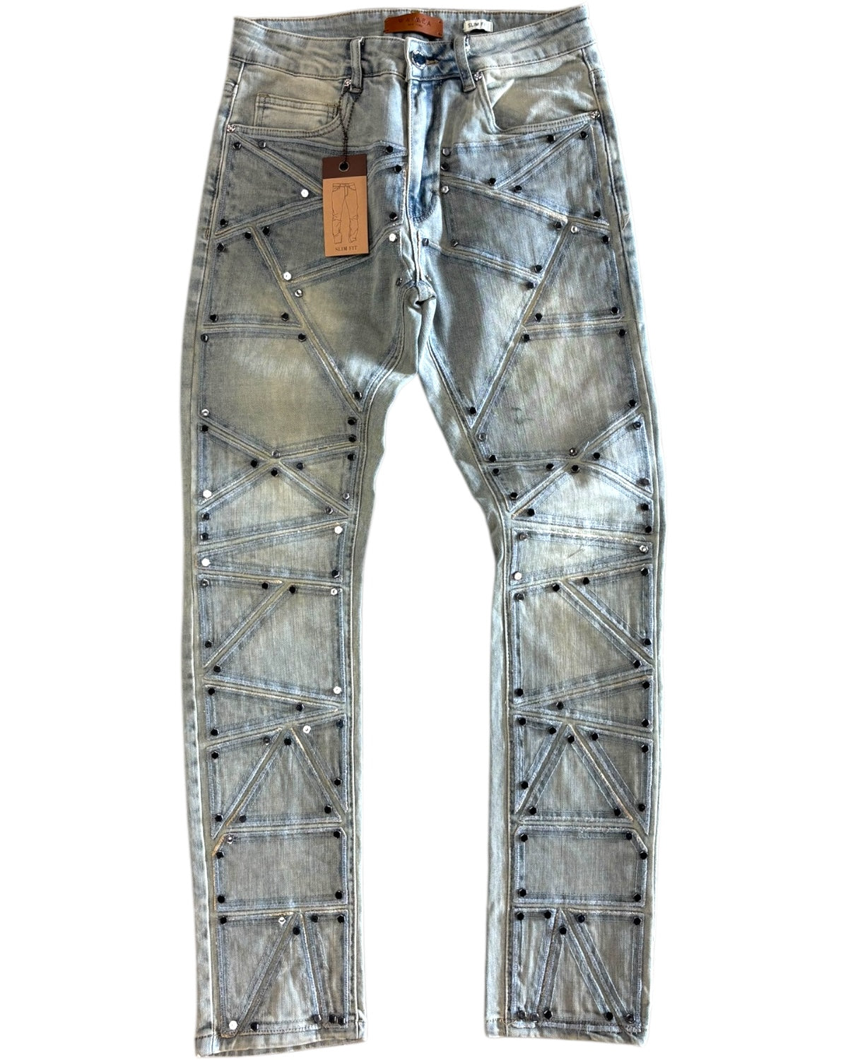 Distressed jeans with a tag on a white background