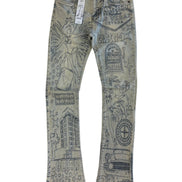 Denim jeans with graphic designs on a white background