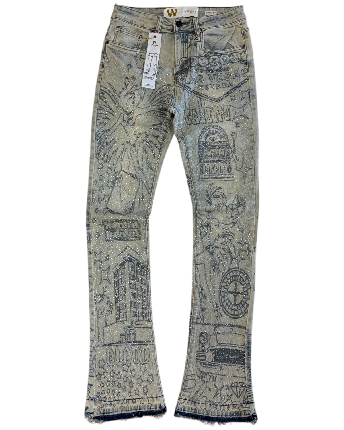 Denim jeans with graphic designs on a white background