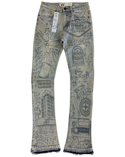 Denim jeans with graphic designs on a white background