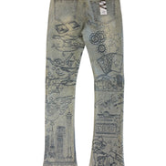 Decorative jeans with graphic designs on a white background