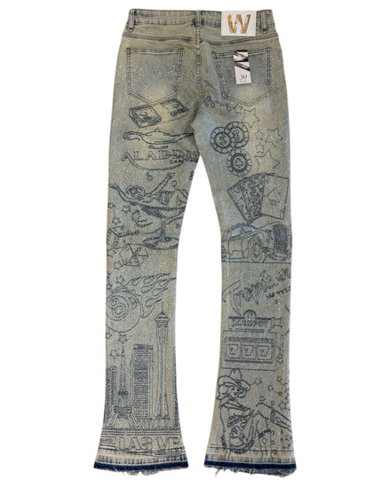 Decorative jeans with graphic designs on a white background