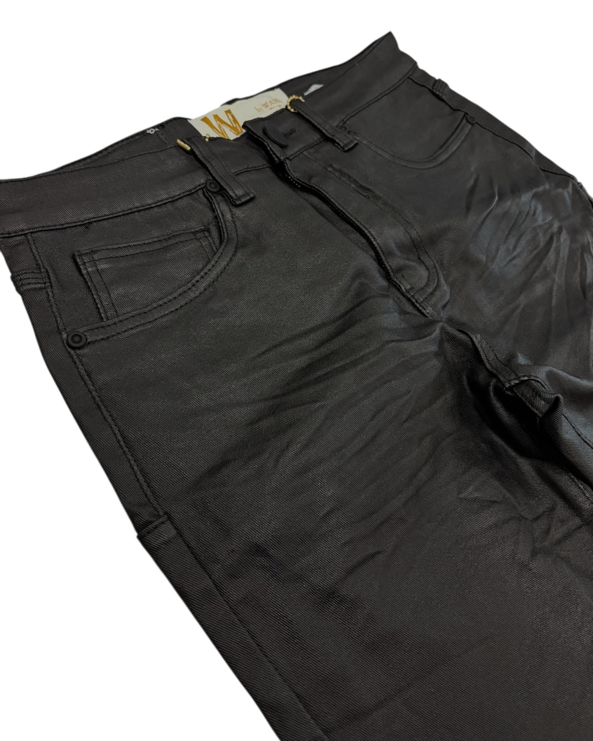 Black pants with a brand tag on a white background