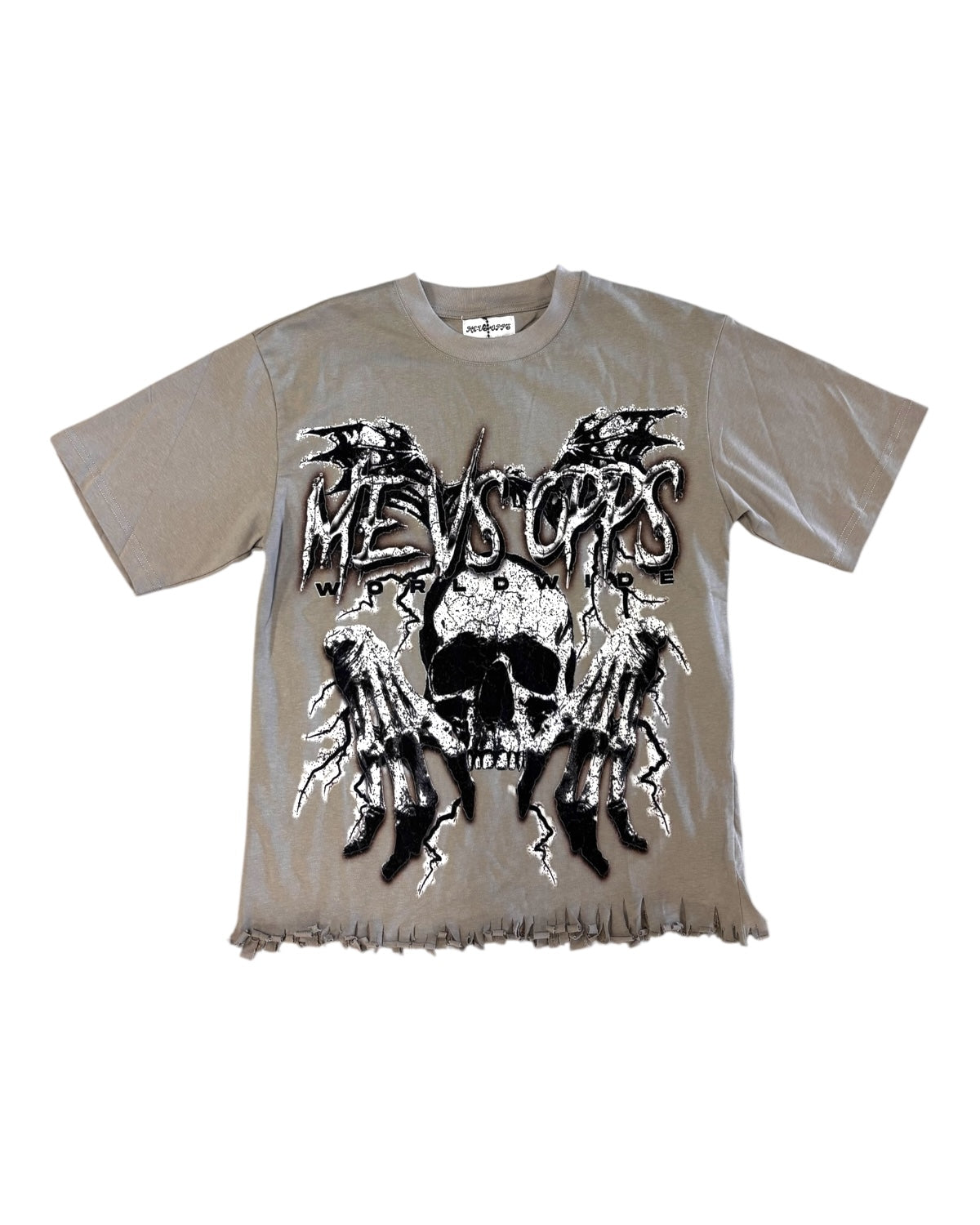 Gray t-shirt with black graphic design on a white background