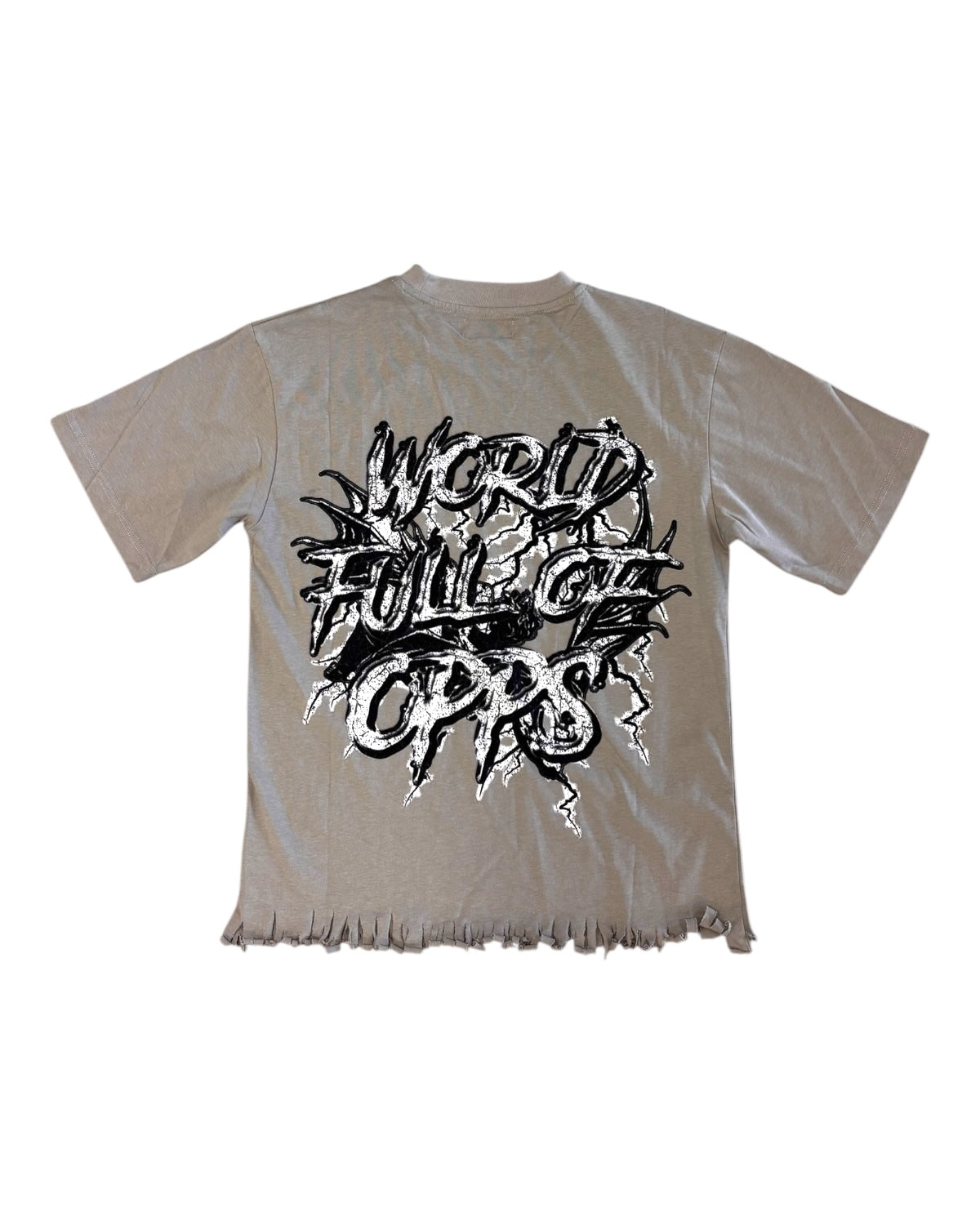 Grey t-shirt with black graphic design on a white background