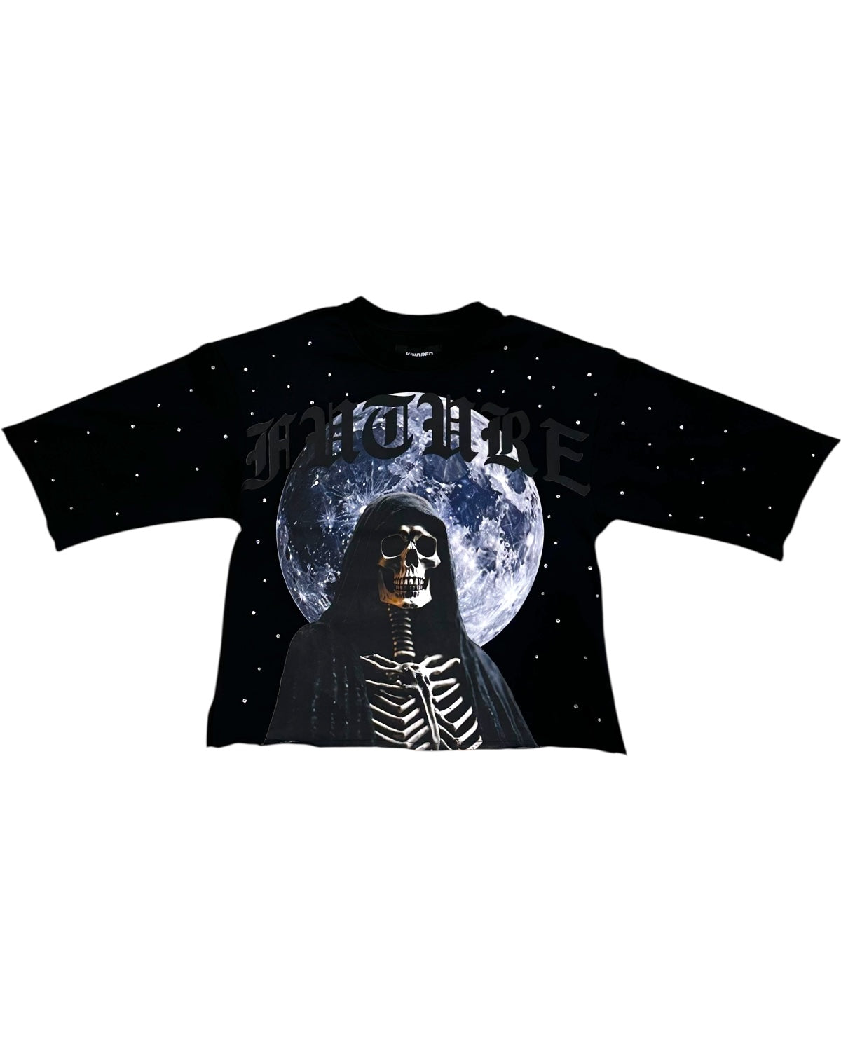 Black t-shirt with skeleton and moon design on a white background